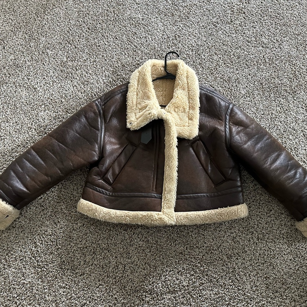 Zara Brown Leather Jacket with Cream Accents